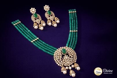 DIVINE Heritage Polki Choker Set – Multi-Strand Pearl & Emerald Green Teardrop Necklace with Matching Earrings