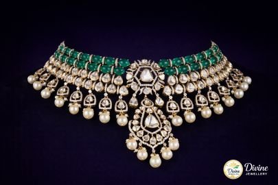 DIVINE Imperial Emerald Polki Choker – Handcrafted Heritage Necklace with Multi-Strand Gemstones and Pearl Hangings