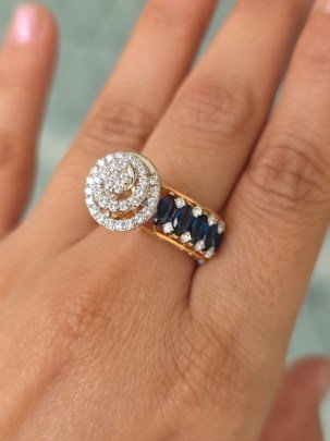 DIVINE “Midnight Rosette” Couture Ring – Sapphire Blue & Crystal Halo Statement Ring in Gold Finish