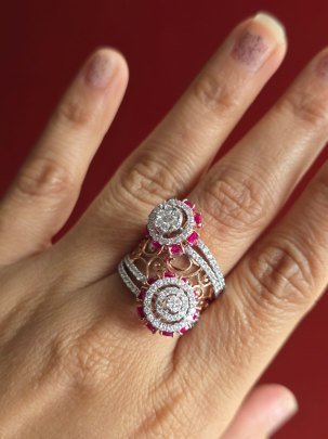 DIVINE “Rosé Duet” Couture Ring – Double Halo Ruby Crystal Statement Ring in Rose Gold Finish