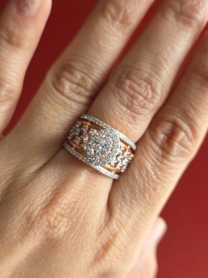 DIVINE Rose Gold Round Halo Crystal Ring for Women – Luxury Wide Band Micro Pave Zircon Statement Ring