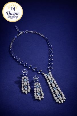 DIVINE Royal Blue Stone & Diamond-Style Designer Necklace Set for Women – Elegant Party Wear Pendant Necklace with Matching Earrings