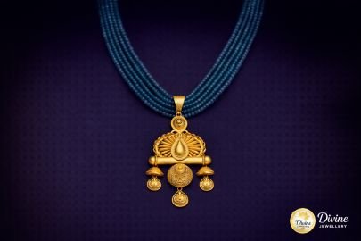DIVINE Royal Gold Temple Pendant with Blue Beaded Necklace