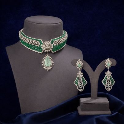 Designer AD Choker Necklace Set with Emerald Green Stones – 92.5 Silver White Finish Jewellery | Divine Jewellery