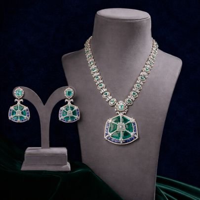 Designer American Diamond Necklace Set with Emerald Green Stones – 92.5 Silver White Finish Jewellery | Divine Jewellery