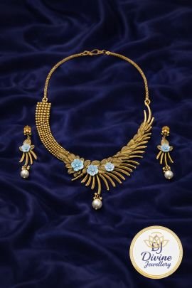 Designer Floral Gold Necklace Set with Blue Enamel Flowers & Pearl Drops – 92.5 Silver Gold Plated