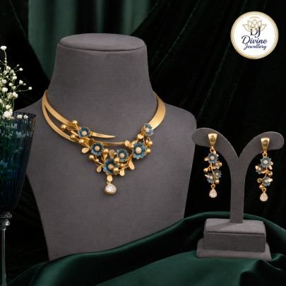 Designer Floral Gold Necklace Set with Blue Enamel Detailing & Drop Pendant – 92.5 Silver Gold Plated
