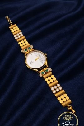 Designer Gold Plated Bracelet Watch with Kundan & Emerald Accents – 92.5 Silver
