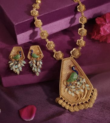 Designer Peacock Floral Pendant Necklace Set with Blue Stone Drops – 92.5 Silver Gold Plated Ethnic Jewellery | Divine Jewellery