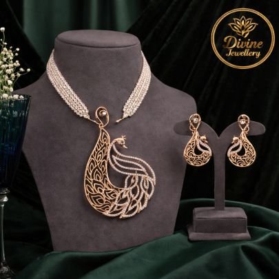 Designer Peacock Pendant Necklace Set with Pearl Choker – 92.5 Silver Gold Plated