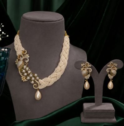 Designer Pearl Beaded Statement Necklace Set with Peacock Floral Motif, American Diamond Ethnic Jewelry Set with Matching Drop Earrings for Women