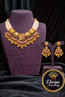 Designer Pink Kundan Choker Necklace Set with Pearl Layers & Gold Drops – 92.5 Silver Gold Plated