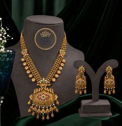 Divine Antique Gold-Plated 92.5 Silver Traditional Long Necklace Set with Multicolor Stones