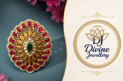 Divine Antique Gold-Plated 92.5 Silver Oval Statement Ring with Ruby Emerald Stone & Pearl Border