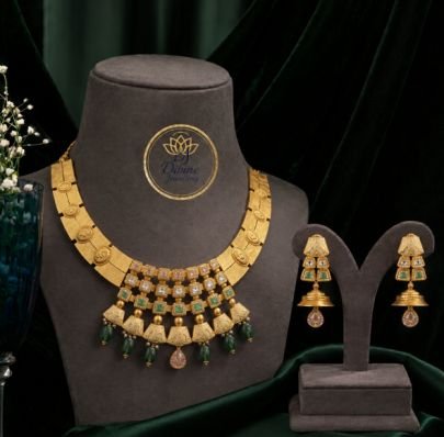 Divine Antique Gold Plated Emerald Stone Choker Necklace Set with Jhumka Earrings