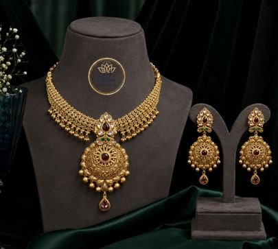 Divine Antique Gold-Plated Silver Temple Pendant Choker Necklace Set with Ruby Stone & Matching Statement Earrings