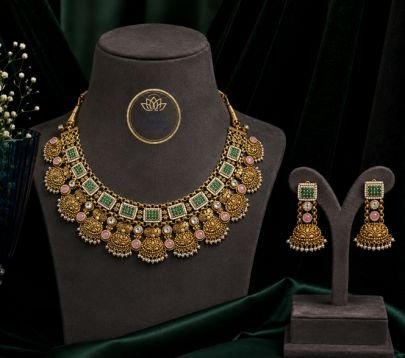 Divine Antique Gold-Plated Silver Emerald Pink Stone Choker Necklace Set with Traditional Jhumka Earrings
