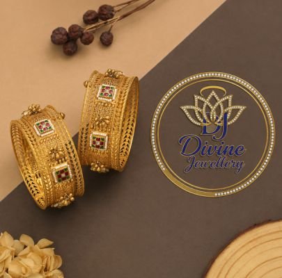 Divine Antique Gold Plated Traditional Kada Bangles for Women | Ethnic Designer Broad Bracelet Pair with Stone Work