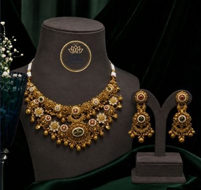 Divine Antique Gold Temple Necklace Set with Jhumka Earrings | Traditional Silver Jewellery