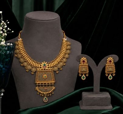 Divine Antique Gold Temple Necklace Set for Women with Heritage Pendant & Multicolor Stone Accents | Traditional Bridal, Wedding, Festive & Party Wear
