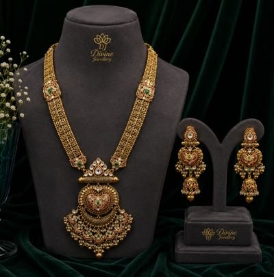 Divine Antique Rajwadi Temple Necklace Set with Earrings – Gold Plated Silver Jewellery