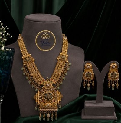 Divine Antique Temple Bridal Long Necklace Set for Women | 92.5 Silver Gold Plated Heritage Jewellery with Earrings
