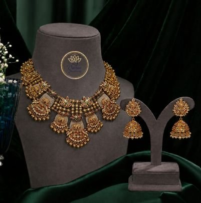 Divine Antique Temple Choker Necklace Set with Jhumka Earrings – Gold Plated Silver Jewellery