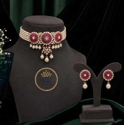 Divine Elegant Pearl Choker Necklace Set with Pink Stone Earrings