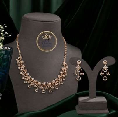 Divine Elegant Rose Gold Plated 92.5 Silver Floral American Diamond Necklace Set with Designer Earrings