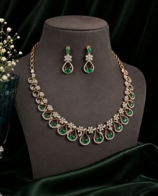 Divine Emerald Green American Diamond Gold Plated 92.5 Silver Necklace Set with Matching Earrings