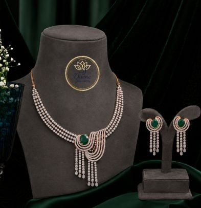 Divine Emerald Green Diamond Look Necklace Set for Women | 92.5 Silver Rose Gold Plated Party Wear Jewellery
