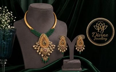 Divine Emerald Green Pendant Necklace Set for Women | 92.5 Silver Gold Plated Designer Jewellery with Earrings