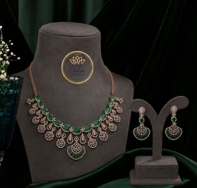 Divine Emerald Green Victorian Necklace Set for Women | 92.5 Silver Gold Plated Designer Jewellery with Earrings