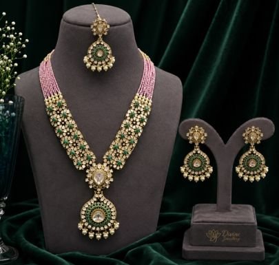 Divine Floral Kundan Long Necklace Set with Maang Tikka & Earrings – Gold Plated Silver Jewellery