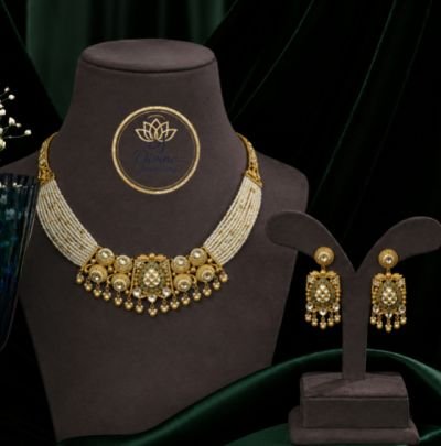 Divine Gold-Plated Kundan Pearl Choker Necklace Set with Earrings | 92.5 Silver Base