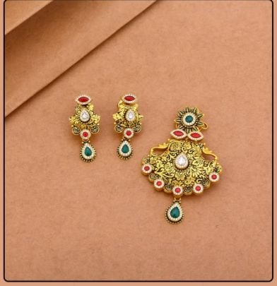 Divine Jewellery 92.5 Silver Gold Plated Antique Pendant Set with Earrings – Traditional Meenakari Design