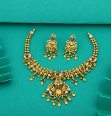 Divine Jewellery 92.5 Silver Gold Plated Traditional Necklace Set with Earrings – Antique Stone Work Design