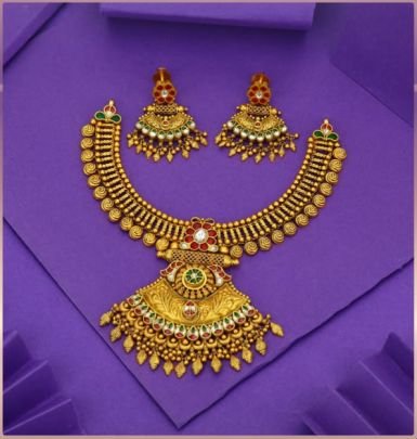 Divine Jewellery 92.5 Silver Gold Plated Temple Necklace Set with Earrings – Antique Lakshmi Bridal Design