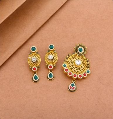 Divine Jewellery 92.5 Silver Gold Plated Pendant Set with Earrings – Traditional Meenakari Antique Design