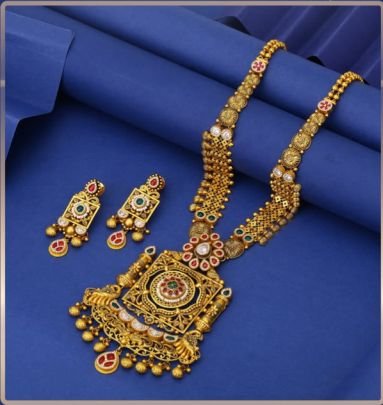 Divine Jewellery 92.5 Silver Gold Plated Long Necklace Set with Earrings – Antique Square Pendant Temple Design