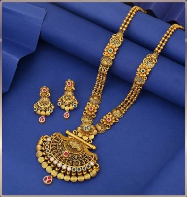Divine Jewellery 92.5 Silver Gold Plated Long Necklace Set with Earrings – Antique Floral Temple Pendant Design