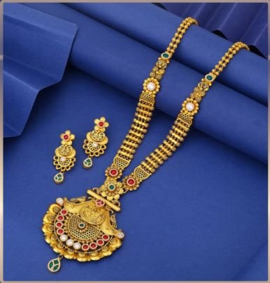 Divine Jewellery 92.5 Silver Gold Plated Long Necklace Set with Earrings – Antique Peacock Temple Pendant Design