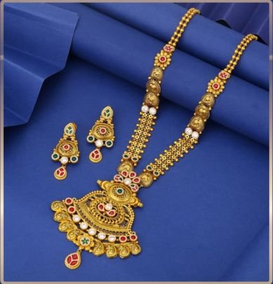 Divine Jewellery 92.5 Silver Gold Plated Long Necklace Set with Earrings – Antique Temple Pendant Meenakari Design