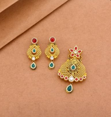 Divine Jewellery 92.5 Silver Gold Plated Pendant Set with Earrings – Antique Floral Net Meenakari Design