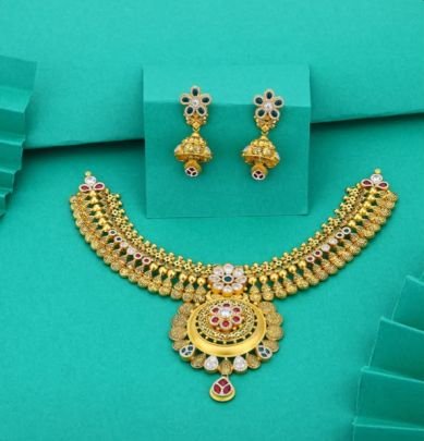 Divine Jewellery 92.5 Silver Gold Plated Temple Necklace Set with Jhumka Earrings – Antique Floral Pendant Design