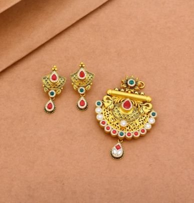 Divine Jewellery 92.5 Silver Gold Plated Pendant Set with Earrings – Antique Temple Coin Meenakari Design