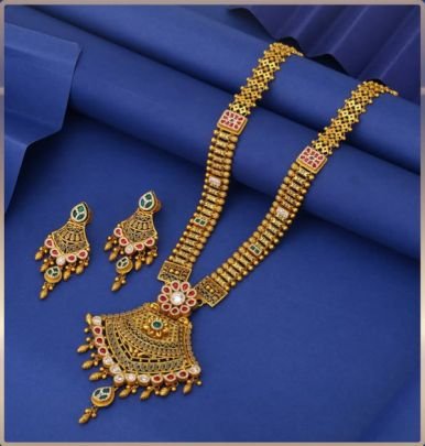 Divine Jewellery 92.5 Silver Gold Plated Long Necklace Set with Earrings – Antique Temple Fan Pendant Design