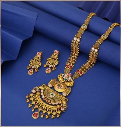 Divine Jewellery 92.5 Silver Gold Plated Long Necklace Set with Earrings – Antique Temple Coin Pendant Design