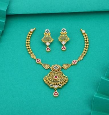 Divine Jewellery 92.5 Silver Gold Plated Traditional Necklace Set with Earrings – Antique Jali Temple Pendant Design