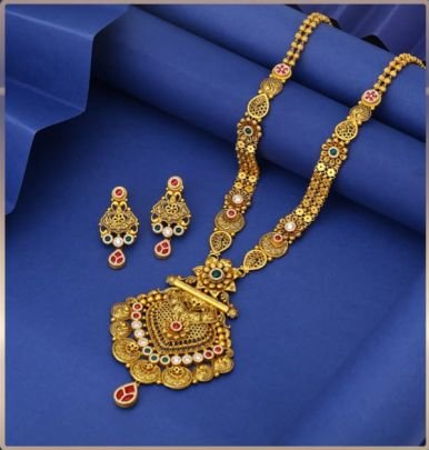 Divine Jewellery 92.5 Silver Gold Plated Long Necklace Set with Earrings – Antique Temple Disc Pendant Meenakari Design